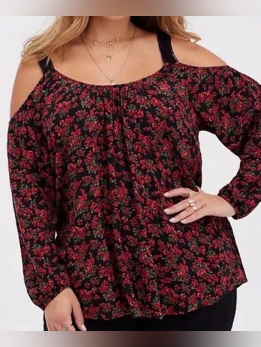 torrid Black and Red Floral Long Sleeve Cold-Shoulder Crinkle Gauze Blouse NWT